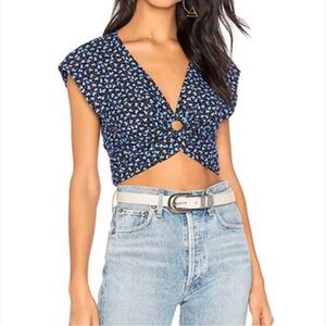 Free People Floral Twist Front Top - Blue and White